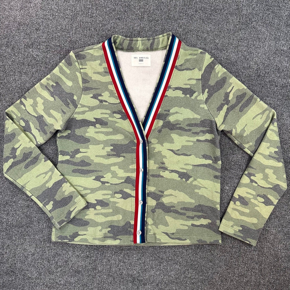 NEW Sol Angeles Women's Camo V Neck Cardigan Beach Prep Retro Y2K Cozy Fleece S